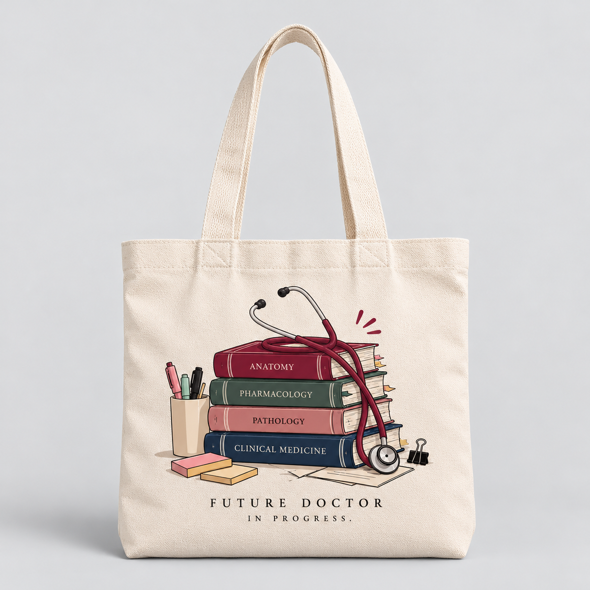 Woman wearing sage-green medical scrubs and holding a cream MedNotes tote bag printed with illustrated medical textbooks, a stethoscope, and “Future Doctor in Progress” lettering.