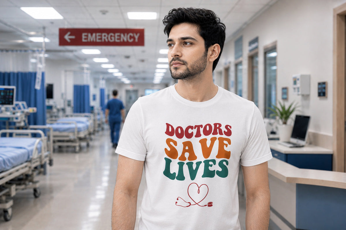 White T-shirt featuring the colorful “DOCTORS SAVE LIVES” graphic with a heart and stethoscope design, worn by a man in a hospital emergency department.