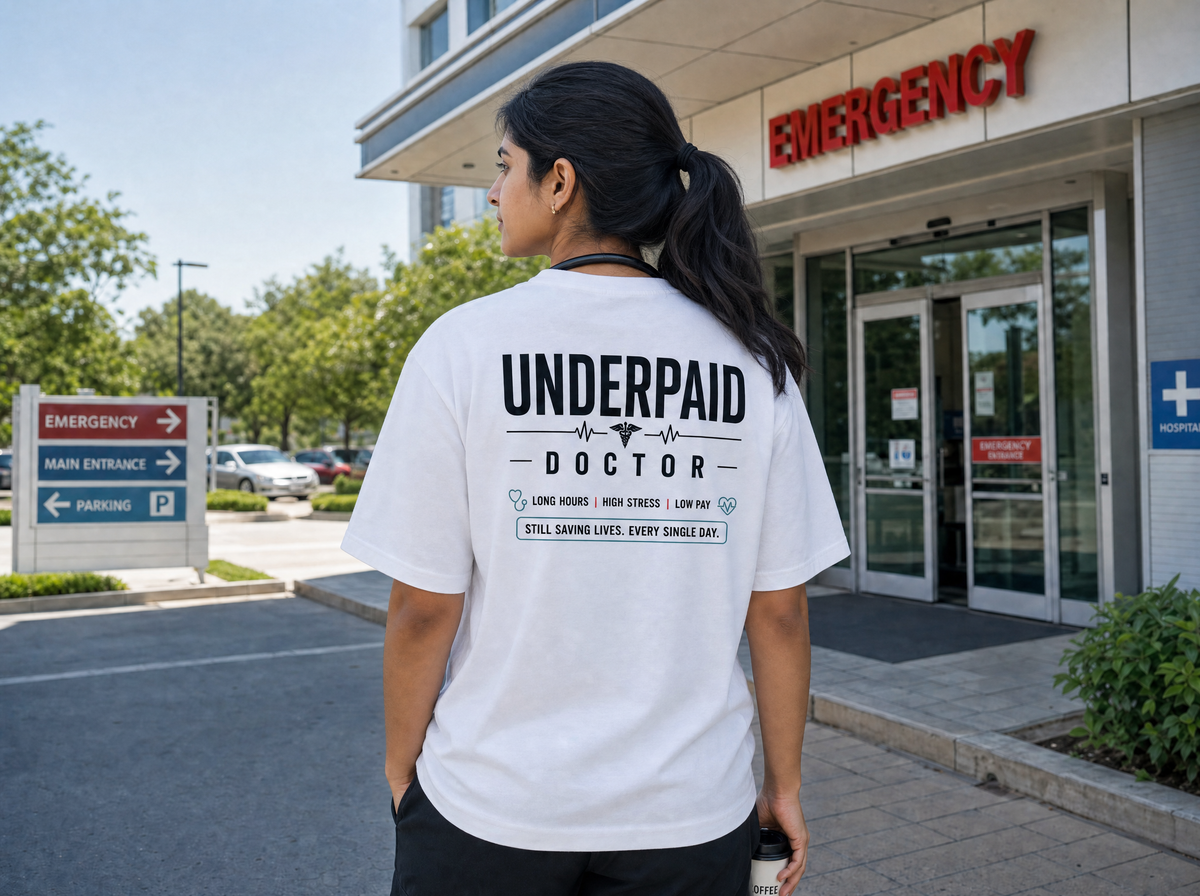 Woman wearing a white “Underpaid Doctor” graphic tee standing outside a hospital emergency entrance.