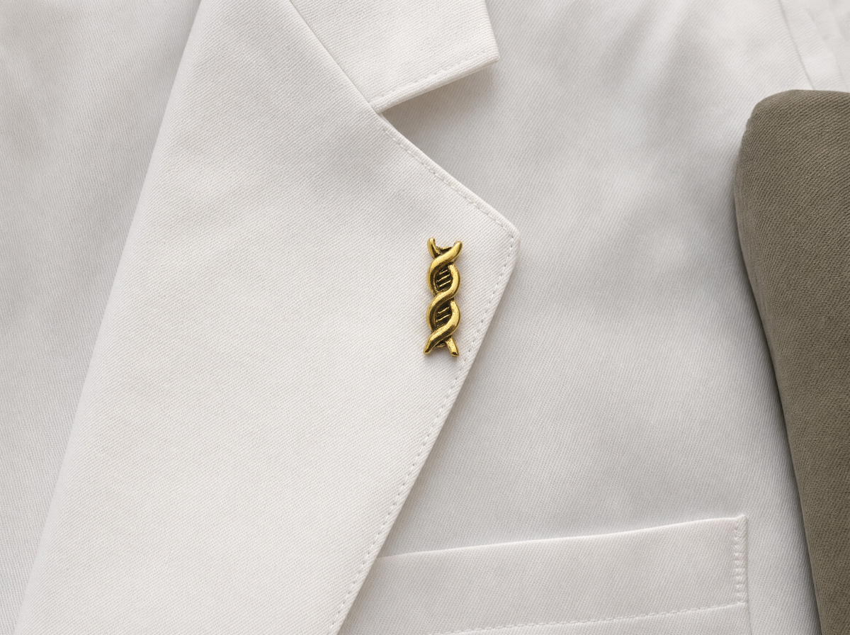 Gold DNA double helix brooch pinned to the lapel of a white lab coat.