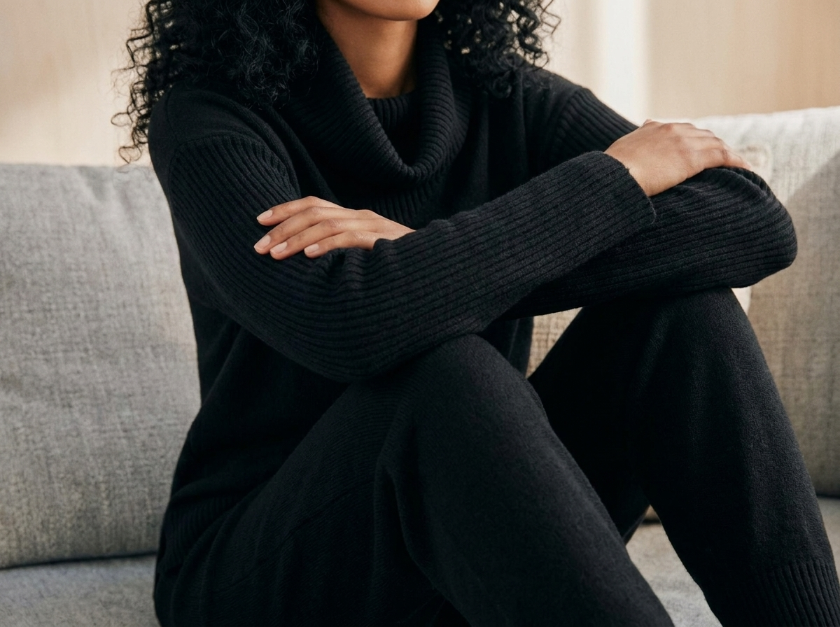 Woman wearing a black ribbed knit loungewear set with a high-neck sweater, seated comfortably on a sofa.