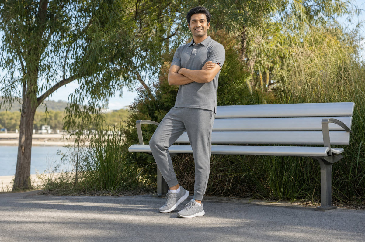 Man wearing a grey short-sleeve polo-style top and matching jogger pants, standing outdoors beside a park bench near a lake.