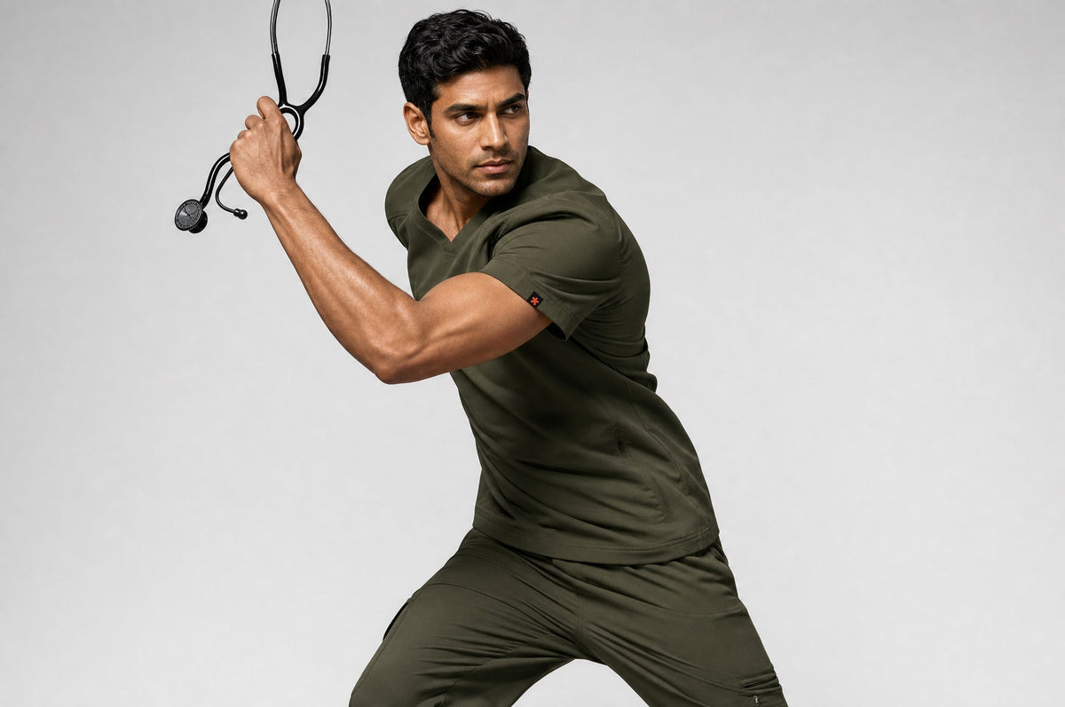 Man wearing olive green medical scrubs, holding a stethoscope while posing in a dynamic movement against a light gray background.