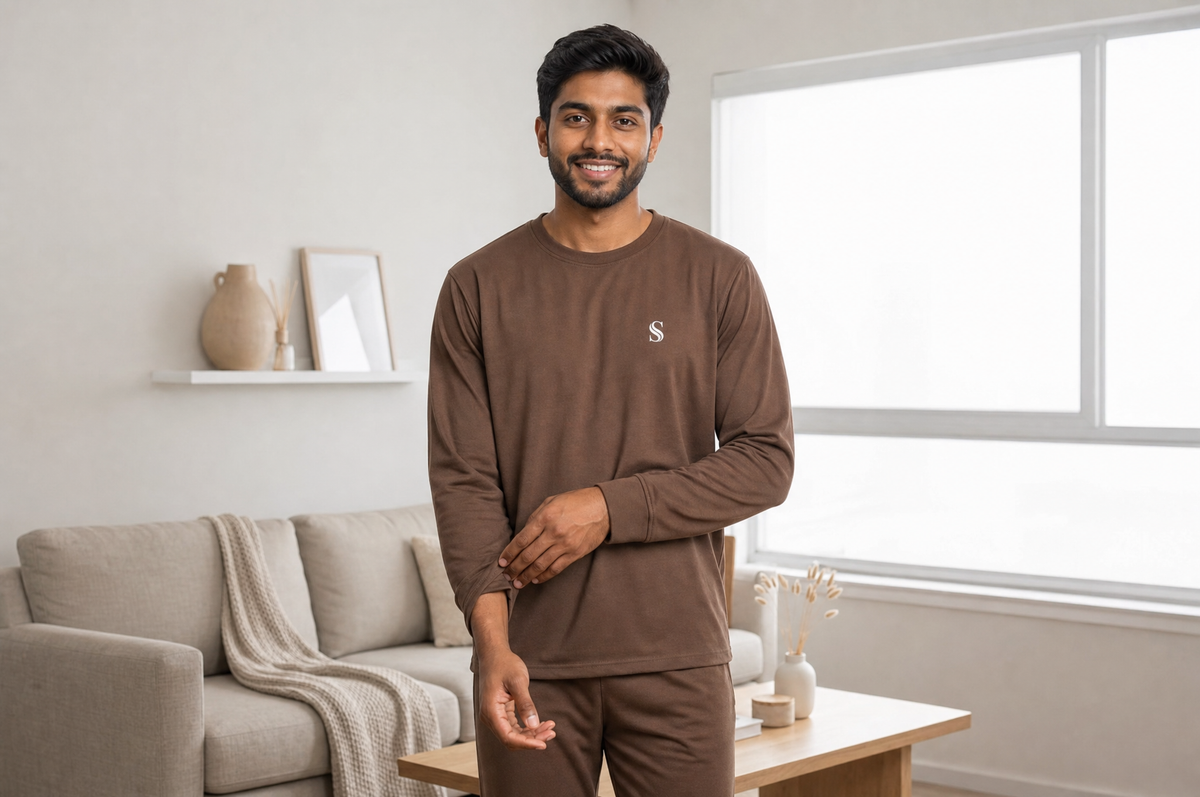 Man wearing a brown long-sleeve loungewear top and matching pants, standing in a bright modern living room