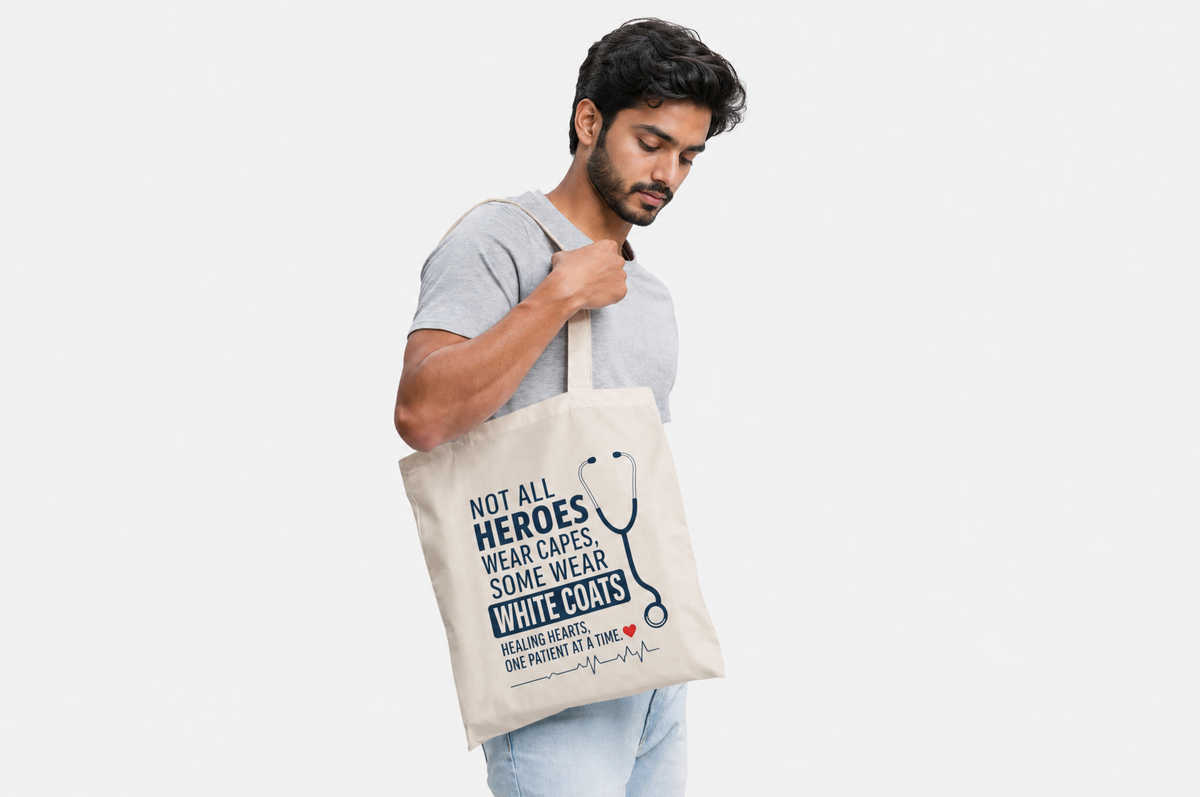 White Coat Heroes Tote Bag featuring a stethoscope, ECG line and healthcare-inspired message on a natural canvas tote