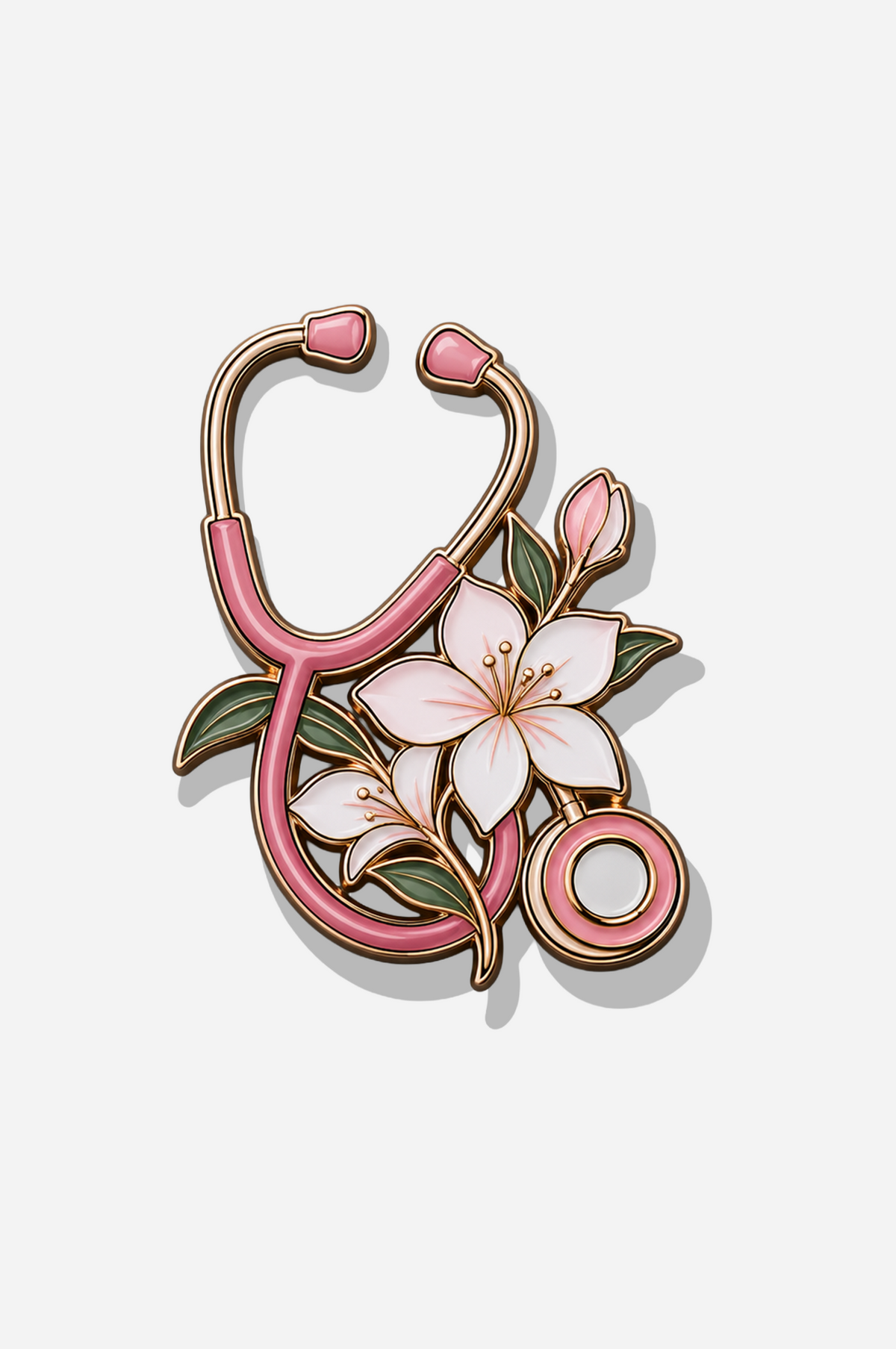 Pink stethoscope brooch adorned with white flowers, green leaves, and gold-tone outlines on a light background.