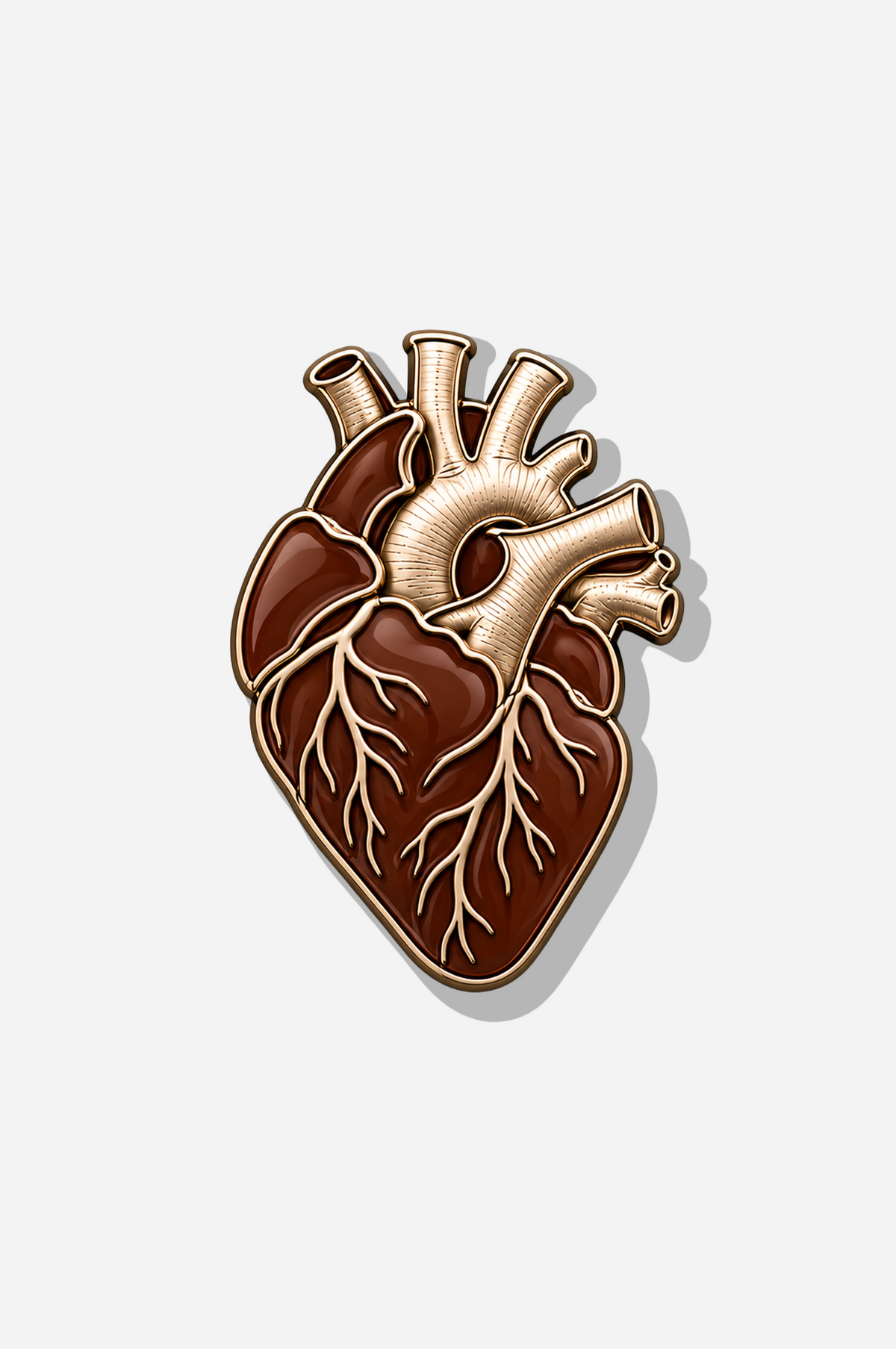 Anatomical heart brooch featuring detailed brown heart chambers, gold-tone outlines, and a realistic cardiovascular structure.
