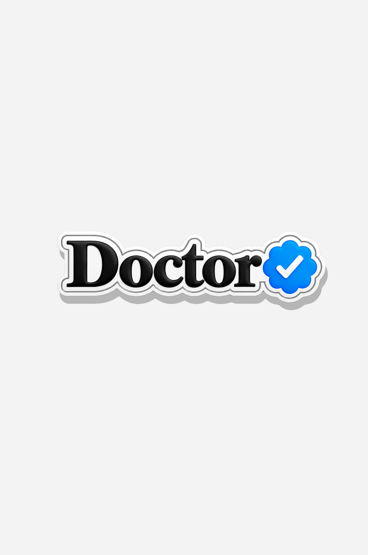 Verified Doctor brooch with bold black lettering, a blue verification badge, and a white check mark on a light background.