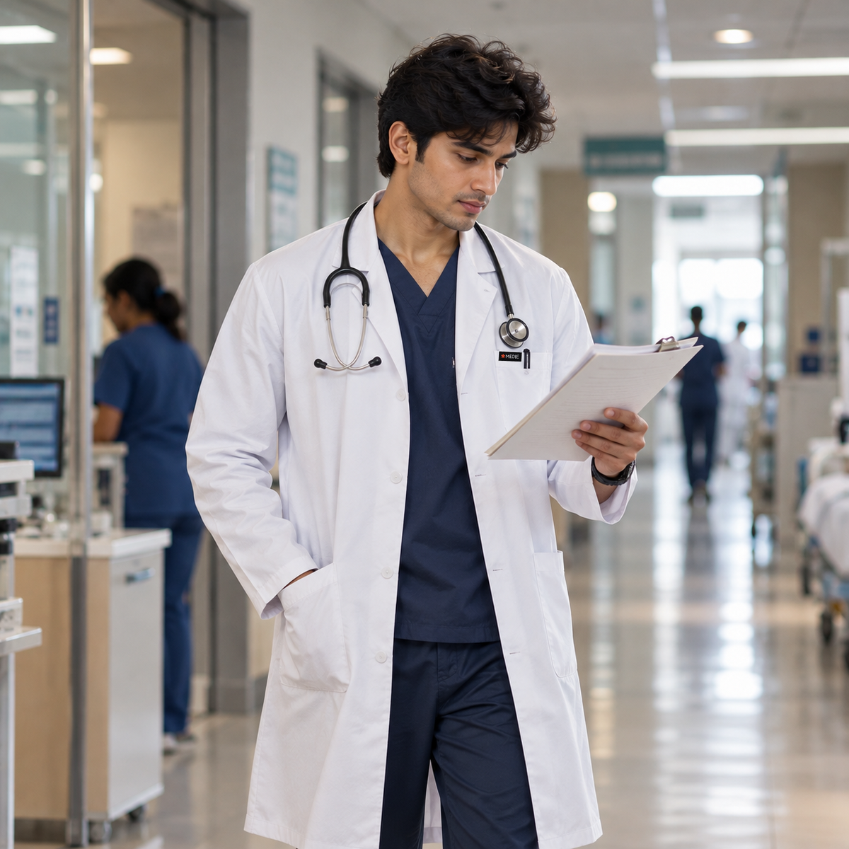 A sharp, shorter length lab coat that brings a classic clinical look to the modern professional wardrobe.