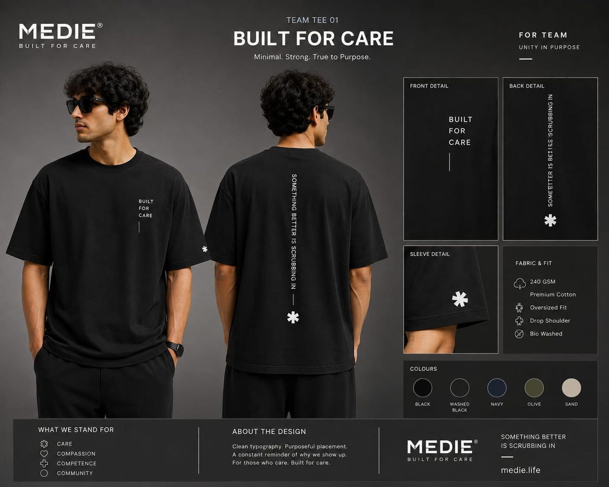 Medie Built For Care black oversized team T-shirt shown front and back with minimal typography, sleeve logo detail, fit specifications and available colour options.